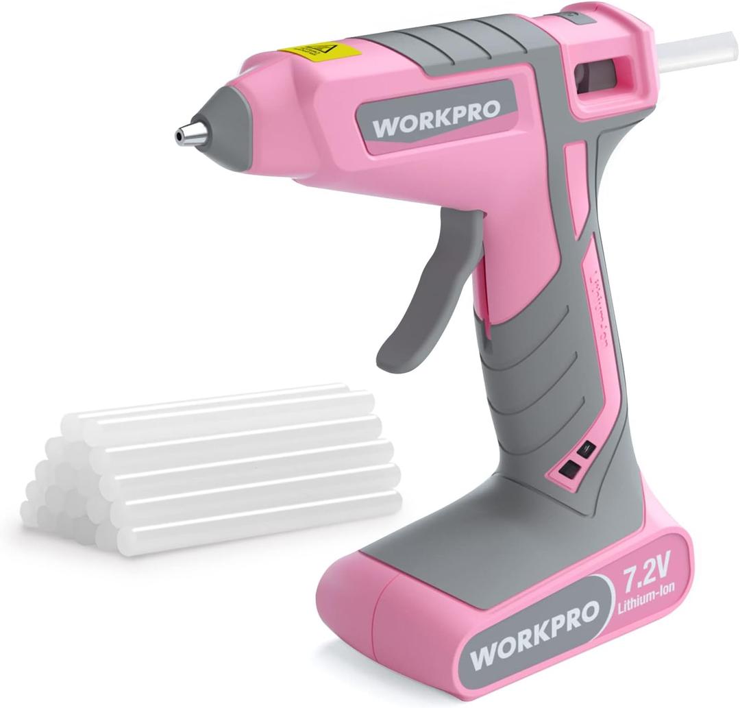 WORKPRO Pink Cordless Hot Melt Glue, 7.2V Rechargeable Fast Preheating Glue Kit with 20 Pc Premium Mini Glue Stick, Automatic-Power-Off Hot Glue for Art, Craft, Decoration - Pink Ribbon