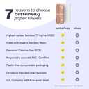 Betterway Bamboo Paper Towels - 6 Rolls, 2 Ply - Plastic Free, Disposable Kitchen Paper Towels - Select Size, Tree Free, Compostable, Strong & Absorbent, No Dyes - PFAS Free (90 Sheets (Pack of 6), White)