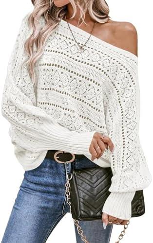 Cakulo Womens Off Shoulder Sweater Top Fall Outfits Fashion 2025 Oversized Knit Batwing Long Sleeve Crochet Pullover Sweaters (M, White)