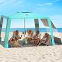 Rhino Valley Beach Cabana, 8 * 8FT Beach Tent UPF50+ Protection, Easy Setup Beach Canopy Wind Resistant with Cup Holder, Compact Beach Shade Foldable Beach Tent Sun Shelter, Turquoise Green