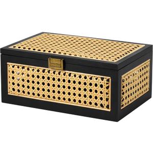 Rattan Storage Boxes Decorative Handmade Natural Wood Baskets with Lid Wooden Frame Boho Rustic Wicker Box Stacking Woven Cane Bins Shelf Closet Desk Organizer Container (Black, Large)