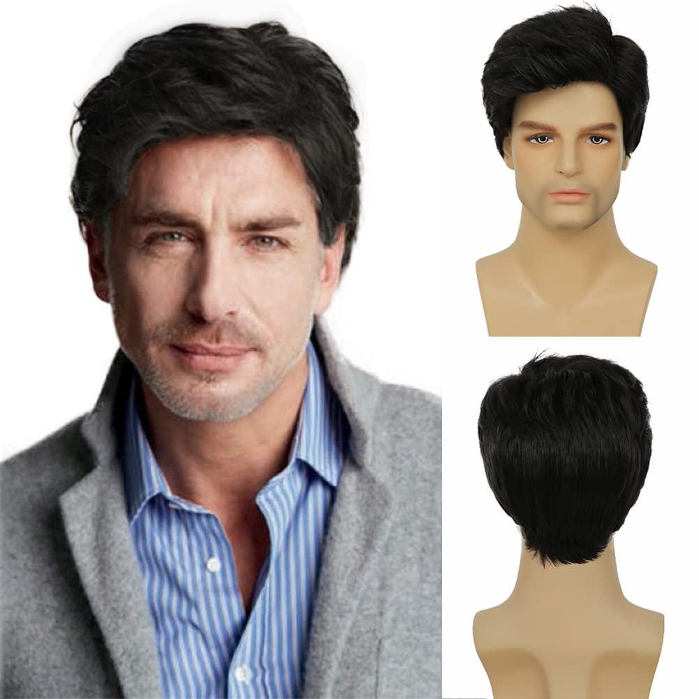 Kaneles Mens Black Wig Short Synthetic Halloween Daily Costume Soft Natural Hair Wigs, Can be adjusted to 21-22.5 inches