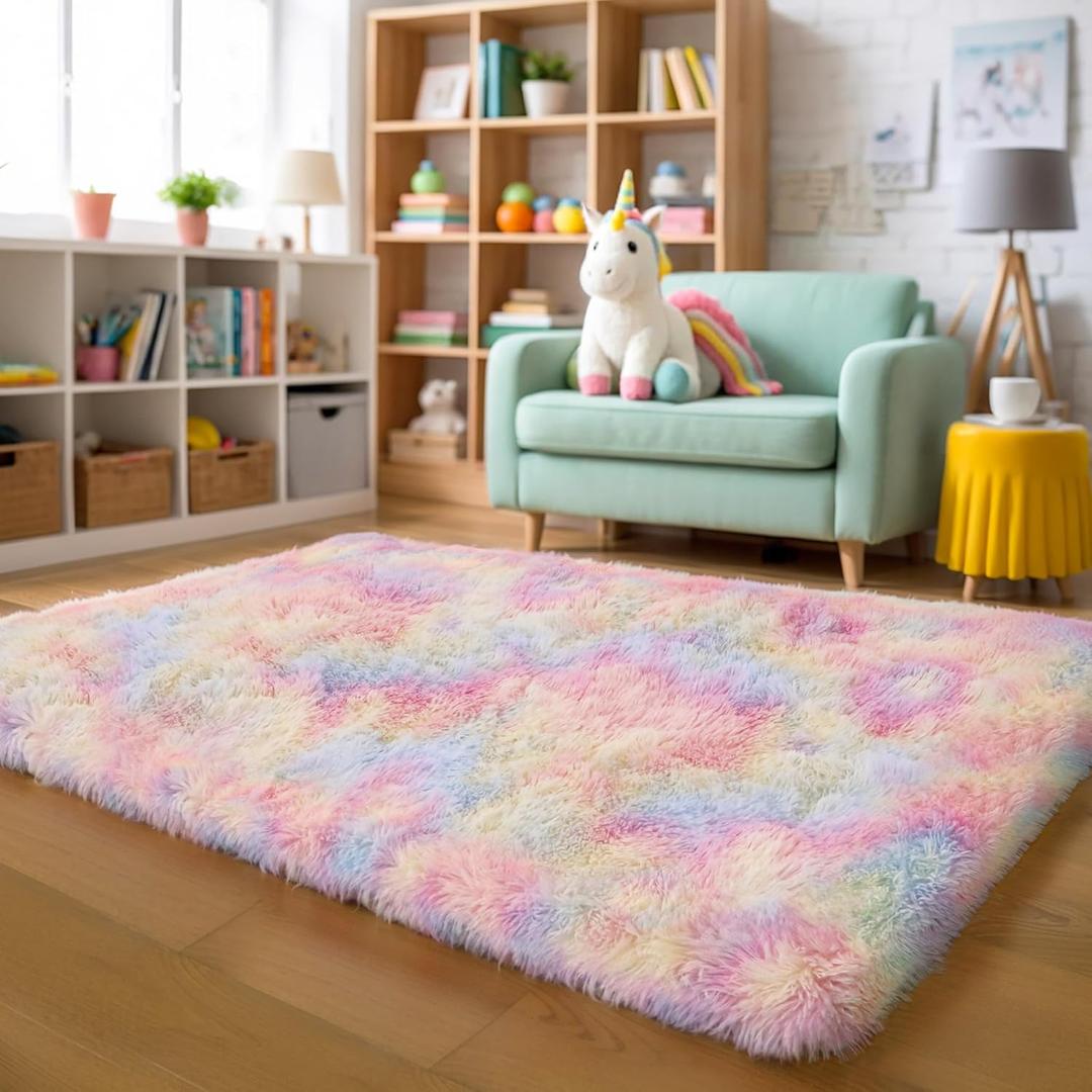 KICHOWUA Thick Area Rug 4x6 Fluffy Shag - Rainbow Unicorn Carpet for Girls Bedroom, Soft Plush Fuzzy Pastel, Thickened Washable Non-Slip Shaggy Rug for Kids, Nursery, Living Room, Baby, Dorm