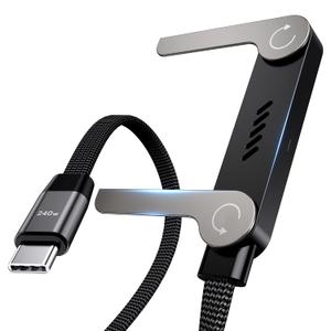 LOOHOI USB C to USB C Cable, 240W Fast Charging Cable with Built-in Phone Stand (5 FT, Black), Durable Braided Type-C Cable with 90 Angled T-Shaped Stand (1PCS)