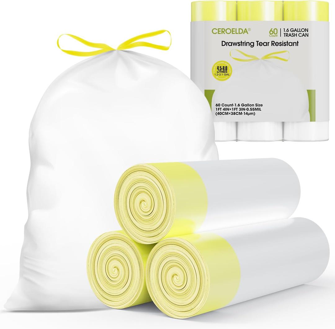 CEROELDA 1.6 Gallon Small Trash Bags, 60 Count Mini Drawstring Garbage Bags Unscented fit 4.5-8 Liter, 1.2-2 Gallon Thick Plastic Wastebasket Liners for Bathroom Bedroom Office Toilet
