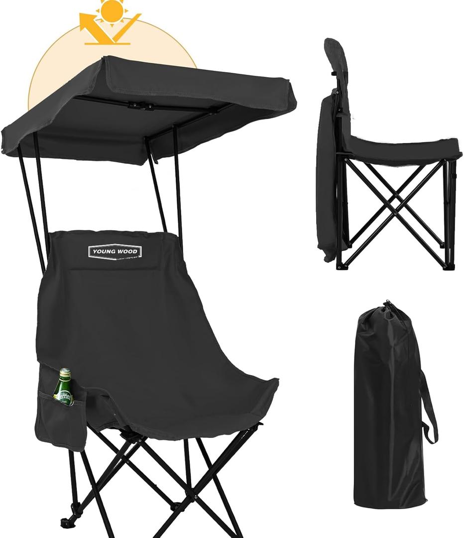 YOUNG WOOD Portable Camping Chair Beach Chair with Shade Canopy, Fold Lightweight Oversized for All, Easy to Open and Close Without Installation, Side Pocket Design for All Outdoor Activities, Black (1P)