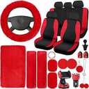 Nuenen 24 Pcs Red Car Seat Cover Full Set for Women, Car Seat Covers for Front Rear Fluffy Steering Wheel Cover Seat Belt Shoulder Pads Bling Crystal Car Phone Holder Hooks Bling Car Accessories Set