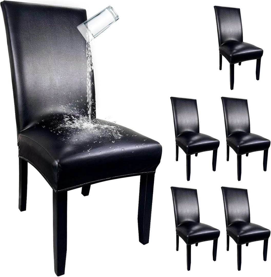 Pu Leather Dining Chair Covers set of 6, Waterproof Kitchen Chair Covers for Protecting Chairs from Stain/Scratch, Soft & Elastic Parsons Chair Slipcover Well-Fitted for Dinning Room (Black, 6Pcs)