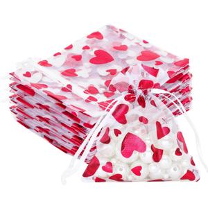G2PLUS Valentines Gift Bags Organza 3x4in - 50Pcs Heart Organza Bags, Drawstring Sheer Mesh Jewelry Pouches Candy Bag for Wedding, Mother's Day, Party Favors (White Red)