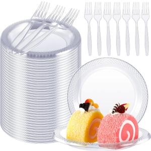 Hushee 600 Pcs 6 Inch Plastic Dessert Plates with Forks for Cake Appetizer, 300 Disposable Plates and 300 Plastic Forks for Wedding Birthday Party Event Bulk (Clear)