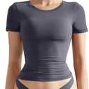 SUUKSESS Women Double Lined Fitted Basic Tee Crew Neck Short Sleeve Y2K Crop Top (Medium, Ash)