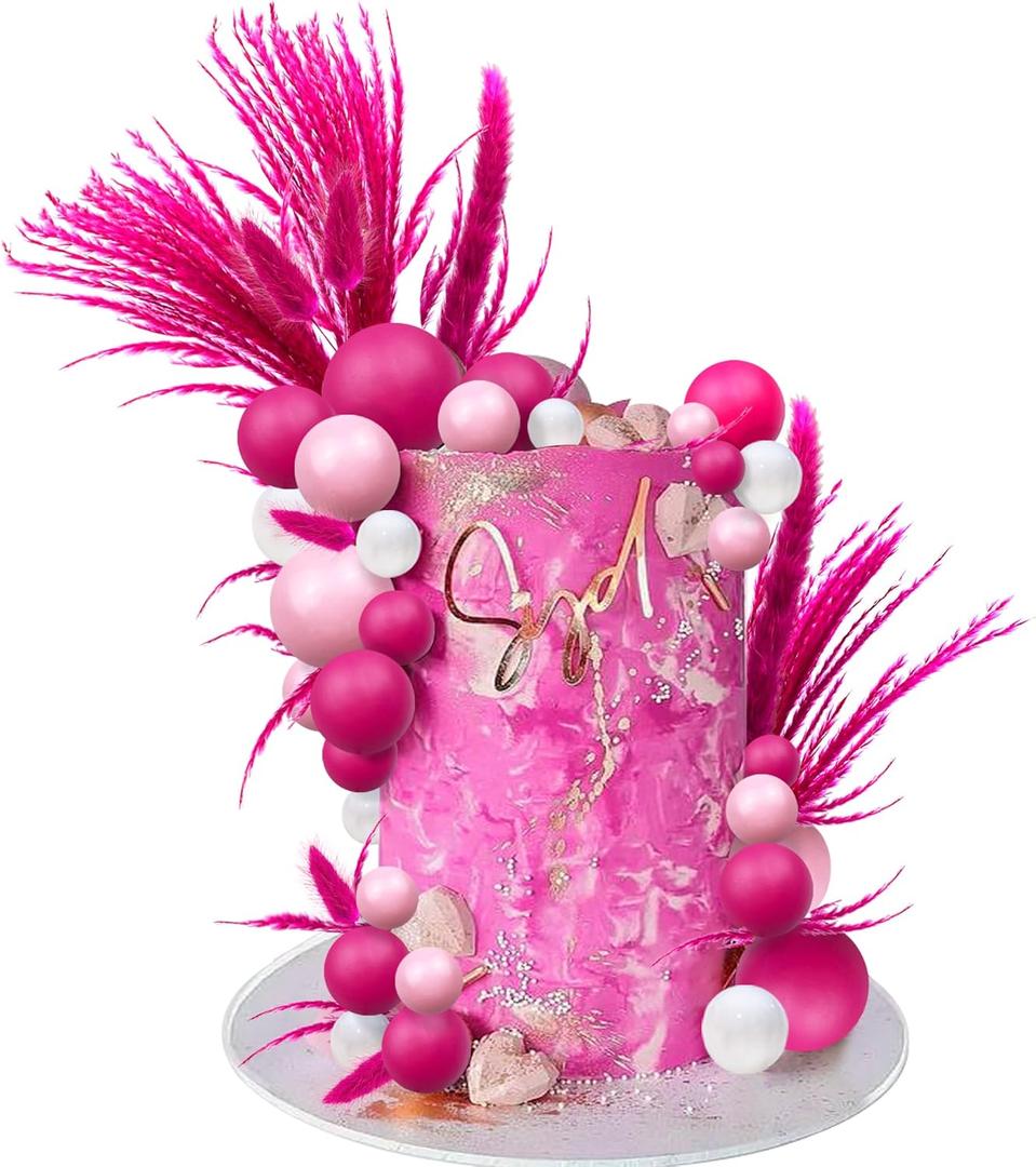 40 PCS Hot Pink Girl Cake Toppers Ball Decoration Boho Bunny Tails Reed Grass for Wedding Birthday Baby Shower Party Supplies