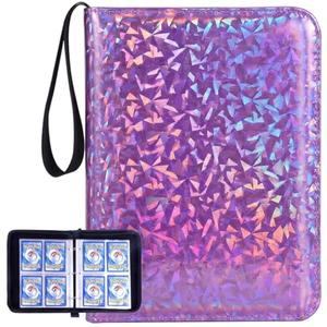 4-Pocket Trading Card Binder with 50 Sleeves, Fits Up to 400 Cards, Unique Shimmering Glitter PU Leather Cover, Refillable 3-Ring Zipper Card Collector Album for TCG, Sports Cards - [Sparkly Purple]