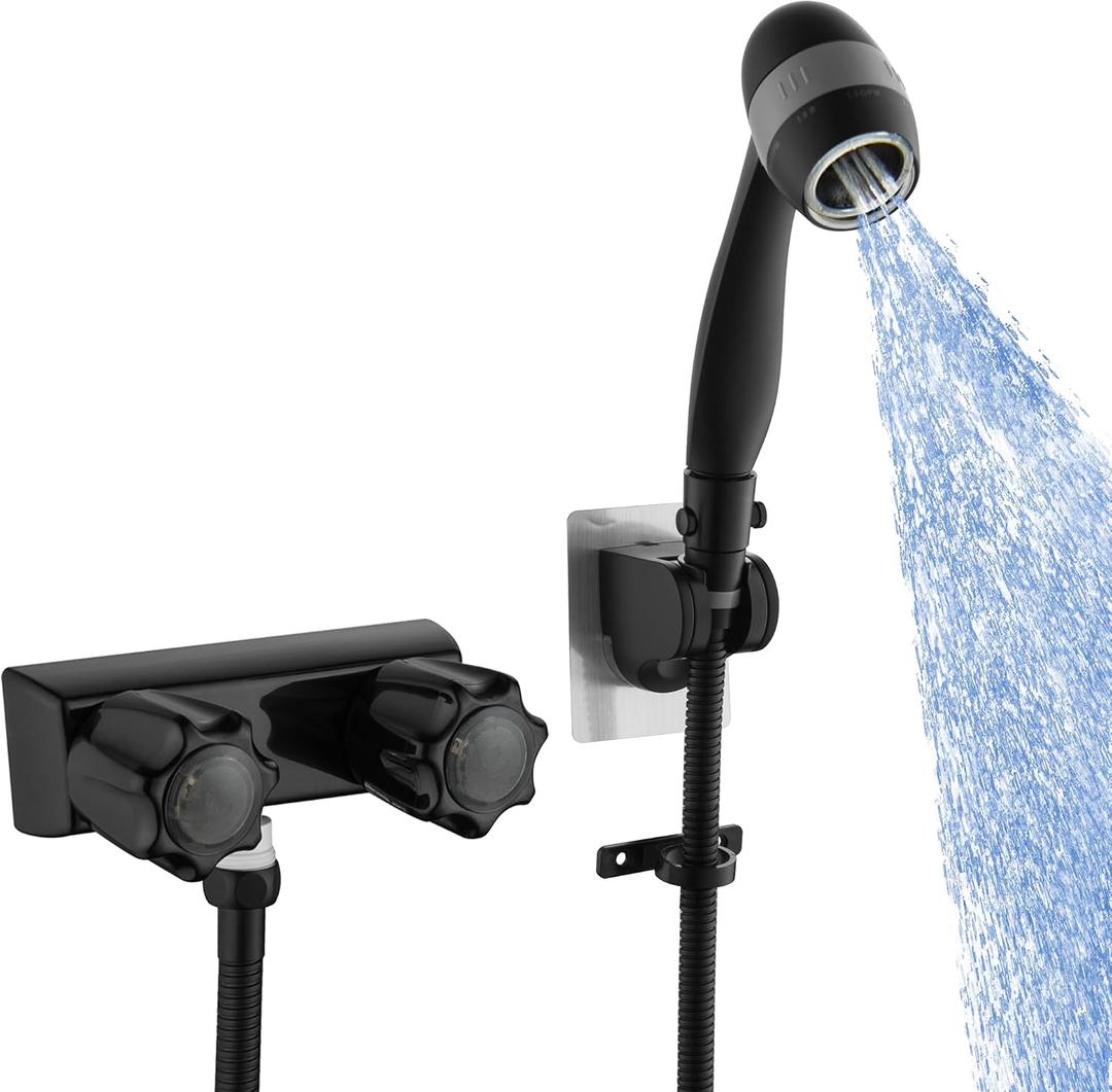 GUOYINDONG RV Shower Faucet, Camper Shower Faucet with Hose and Shower Head 4" ABS RV Shower Faucets Valve Replacement for RVs, Fifth Wheels, Motorhomes, Travel Trailers, Campers, Black