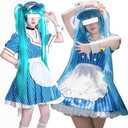 Women Cosplay Costume Blue Maid Dress Uniform Outfit Full Set, 1XL