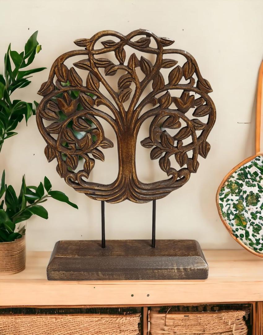 VANIYA CRAFTS Wooden Carved Handmade Tree Design Engraved Table Decor Table Sculpture Home Decor Statue for Living Room, Bedroom, Office Desktop, Cabinets (Walnut)