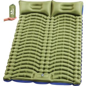 Double Sleeping Pad for Camping - Ultralight Camping Mattress with Pillow, Built-in Foot Pump, Compact Inflatable 2-Person Portable Mat for Backpacking, Hiking, Car Traveling, Beach, Tent (Full, Grass Green)