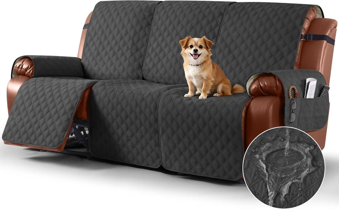 Ruaozz Waterproof Recliner Sofa Covers, 1-Piece Couch Covers for Reclining Couches Reclining Couch Cover Washable Furniture Protector with Elastic Straps Pocket for Kids Pets (Charcoal Grey, 3 Seater)