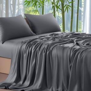 Shilucheng 100% Viscose Derived from Bamboo_ Sheets Queen Size 4pcs - Ultra Cooling & Silky Soft Bed Sheets, 16" Deep Pocket, Perfect for Hot Sleepers, Hotel Bedding Sheets (Dark Grey)