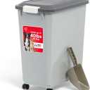 IRIS USA Dog Food Storage Container with Wheels, Airtight Lid, 2-Cup Scoop, Up to 30 Pounds Pet Food Storage, Built in Scoop Storage in Lid, Versatile Pet Food Bin, Portable, BPA Free, Gray/Dark Gray, 30 Lbs