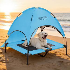 L Outdoor Elevated Dog Cot with Canopy & Side Shade for Camping Small Medium Dogs (Carry Bag), Portable Cooling Raised Dog Bed