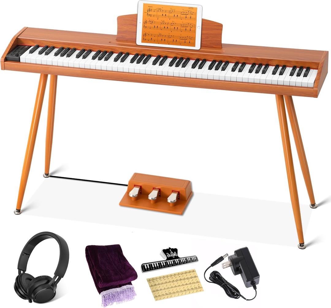Digital Piano Keyboard 88 Key Semi-Weighted for Beginners, Full Size Electric Piano with Stand, Triple Pedal, Adapter, Sheet Music Stand, Headphone, USB-MIDI Compatible, Wood Brown