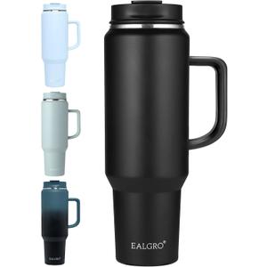EALGRO 50 oz Tumbler with Handle, Insulated Tumblers with Lid and Straw, Large Metal Sports Water Bottle Jug, Thermal Stainless Steel Travel Coffee Mug Cup, Black