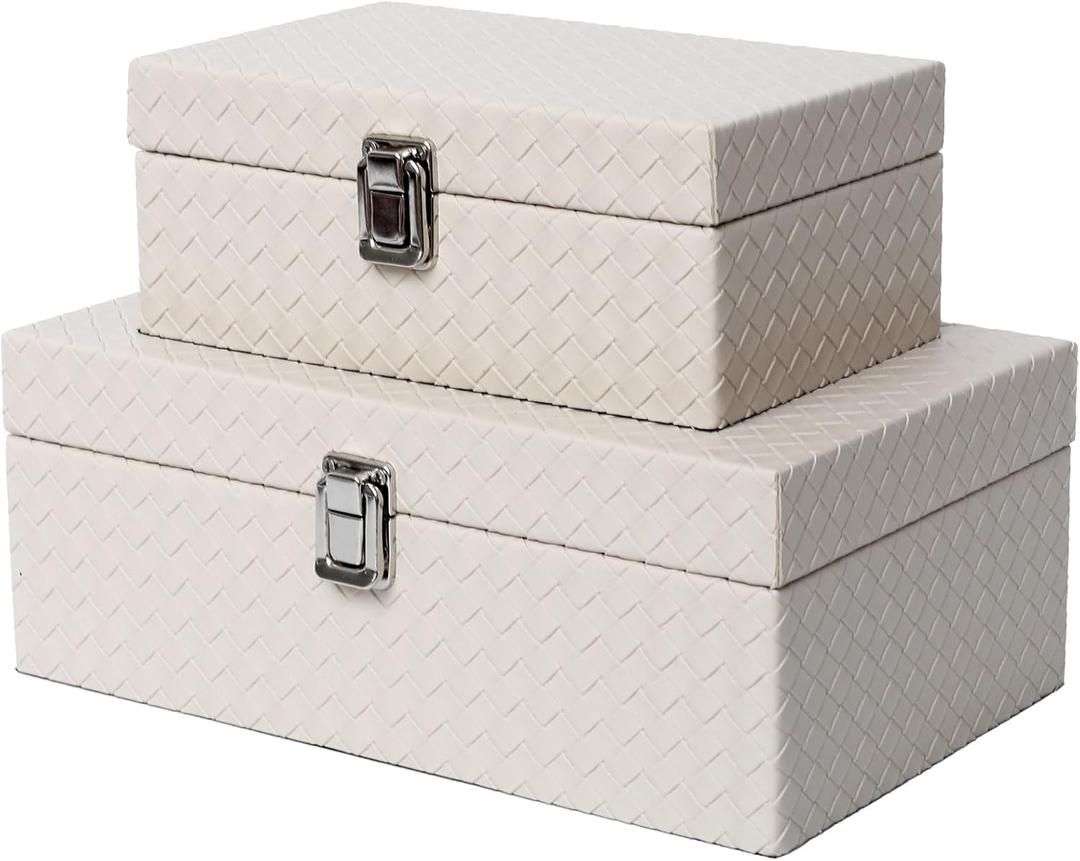 Faux Leather Decorative Jewelry Storage Organizer Boxes Set of 2, Apricot White