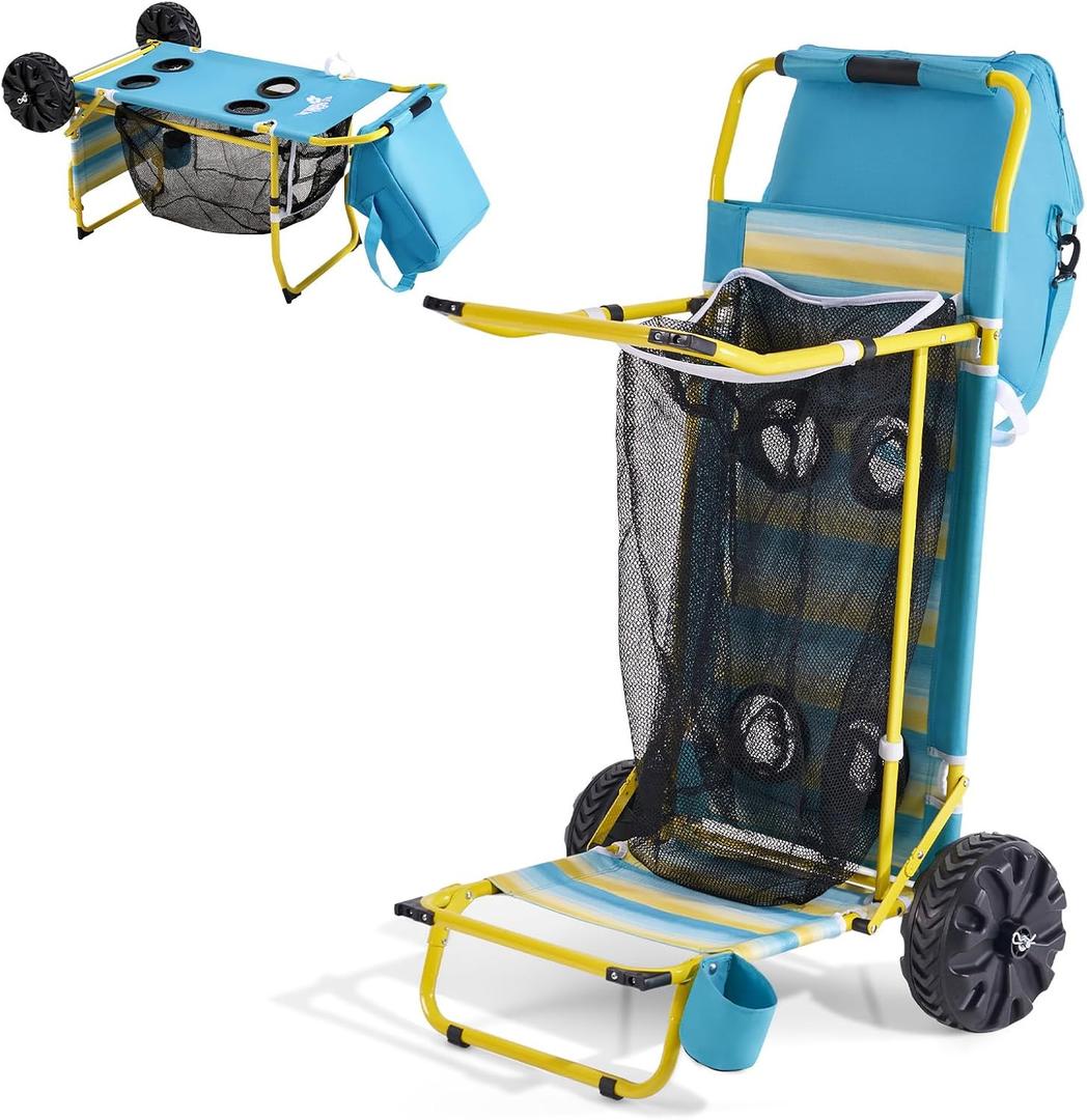 2-in-1 Beach Cart with Big Wheels for Sand | Folding Utility Wagon with Chair Holder, Cooler Bag, Mesh Storage, 4 Cup Holders, Umbrella Rack, Supports 100 lbs