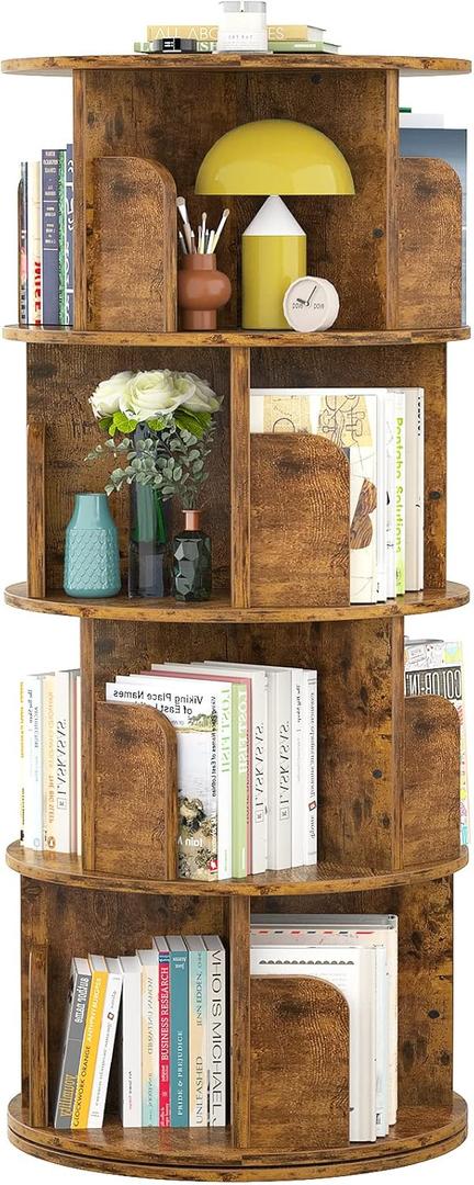 Aheaplus Rotating Bookshelf, Small Corner Bookshelf for Small Space, 360 Display 4 Tier Floor Standing Bookcase Storage Rack, Wood Narrow Book Shelf Organizer for Bedroom, Living Room, Rustic Brown