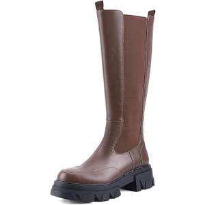 Women’s Knee High Platform Boots, Lug Sole Pull-On Riding Boots with Elastic Panel, Chunky Heel Round Toe Tall Boots for Fall Winter Dress Casual Size 8, Brown