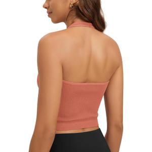 ODODOS Seamless Halter Crop Tops for Women Ribbed Soft V Neck Open Back Cropped Tank Top, 1-Pack, Coral, Medium-Large