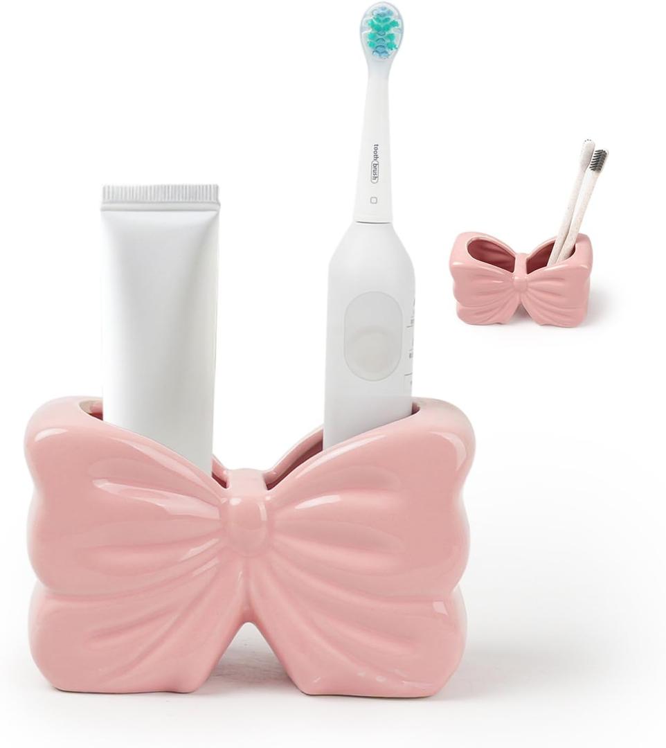 Bow Toothbrush Holder, Pink Ceramic Multi-Purpose 2-Section Organizer for Bathroom, Kitchen, Bedroom, Office Decor