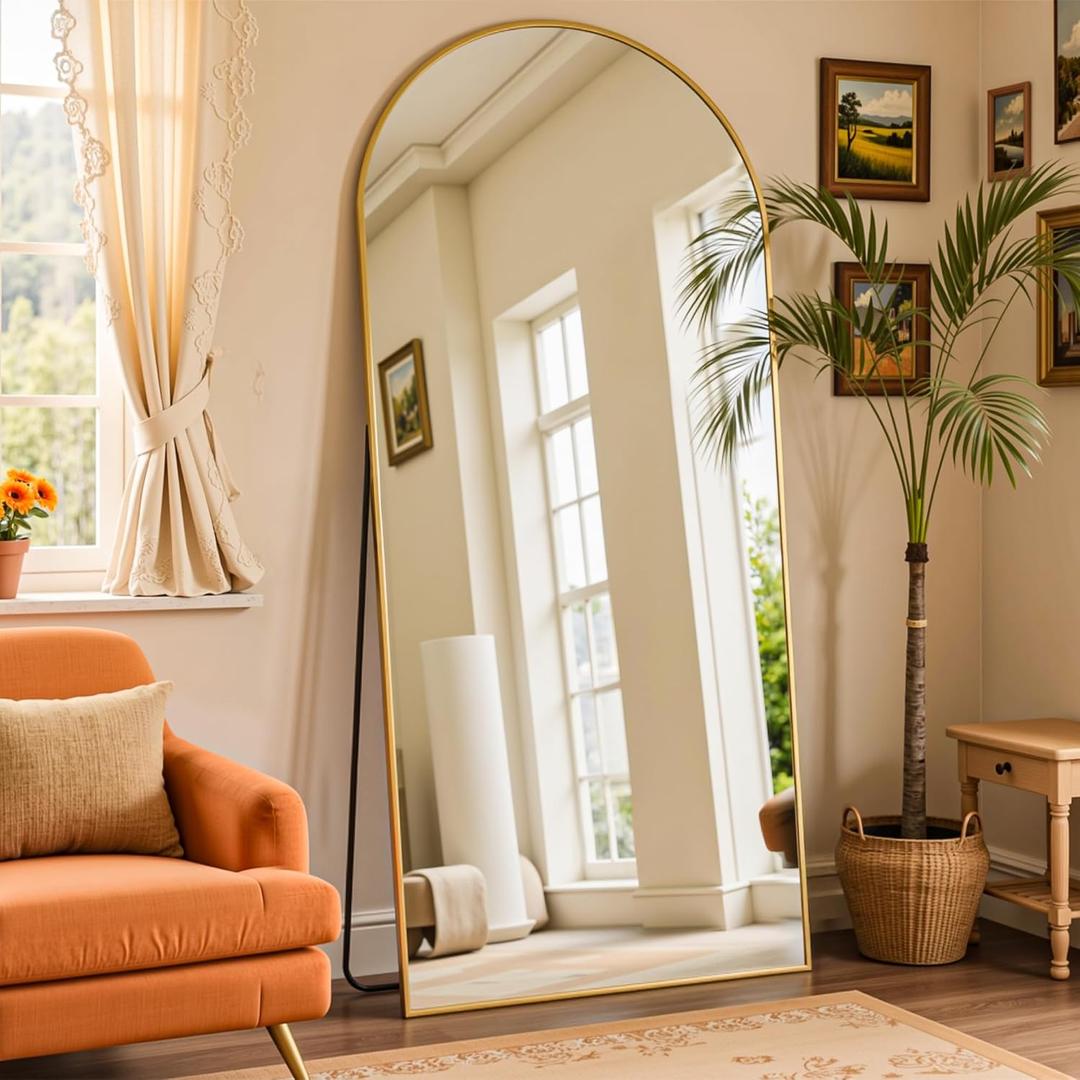 Furnbar Full Length Mirror, 72"x32" Arched Full Body Mirror, Oversized Floor Mirrors, Leaning Free Standing Mirrors, Hanging Mounted Large Mirrors for Bedroom Dressing Room, Cloakroom, Gold