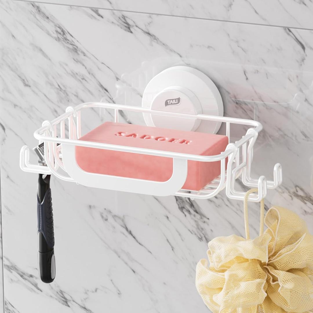 TAILI Soap Bar Holder Dish with Hooks, Shower Soap Tray Saver Suction Cup with Razor Holder for Wall, Rustproof Stainless Steel Bath Shampoo Caddy for Bathroom Accessories Organizer,Sink,White (1 Tier)