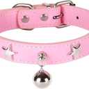 2 x Leather Dog Collar with Bell and Star Studs, Dog Collars for Female, Male Dogs (M: 11 - 14 in, Pink)