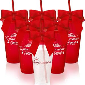 Jingmore 6 Pcs Quinceanera Party Favors for Guests 15th Quinceaera Squad Reusable Tumbler with Straw Lid Twist Bow 24 oz Spanish Gift 15 Birthday Party Thank You Gifts (Red)