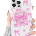 Magnetic Case for iPhone 15 Pro, 3D Pink Magnetic Stand Bowknot Phone Case, Cute Pink Clear Bow Aesthetic Design Soft Durable TPU Transparent Protective Cover for Women Girls-03