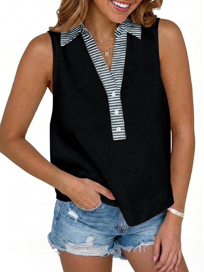 Tankaneo Womens V Neck Cropped Tank Tops Button Up Color Block Tees | Sleeveless Shirts, Loose Fit, Summer Dressy Casual