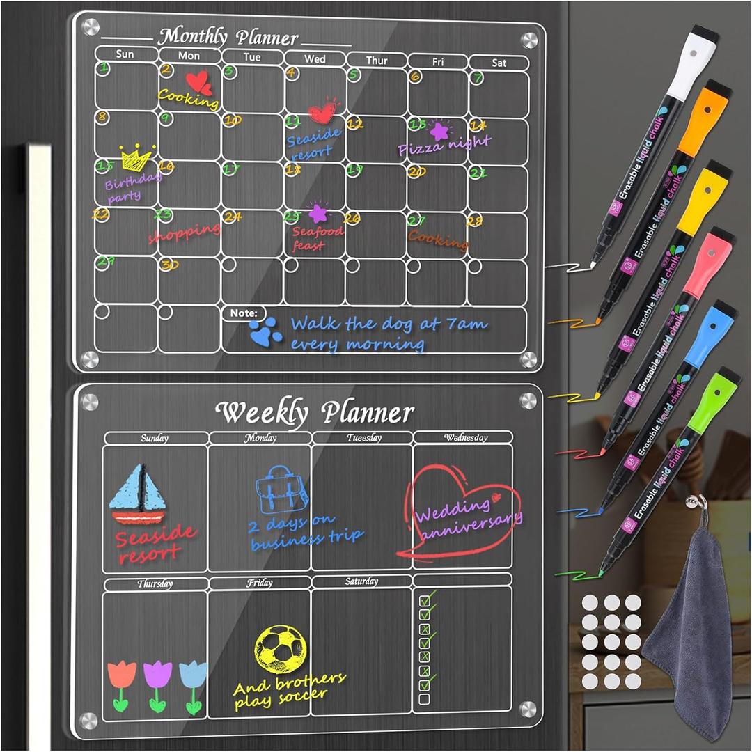 2 Pack Acrylic Magnetic Dry Erase Board for Fridge, Magnetic Calendar for Refrigerator with 6 Markers, Magnetic Acrylic Calendar for Fridge, Clear Planning Boards Fridge Calendar