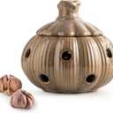 Ceramic Garlic Keeper with Lid and Holes Garlic Saver and Storage Framhouse Decor Keep Gralic Cloves Dry and Fresh, Grey