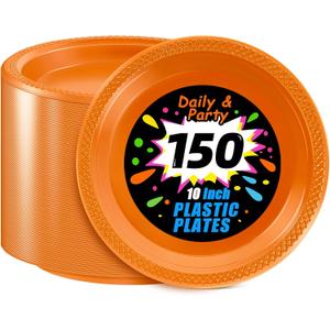 WELLIFE Orange Party Plates 10 Inch -150 Count, Plastic Disposable Dinner Plates for Party Easter Halloween Thanksgiving Picnic BBQ