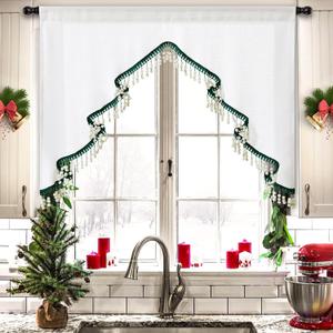 Estmy Boho Cute Christmas Tree Kitchen Curtain, White and Green, 47'W x 36'L, 1PCS