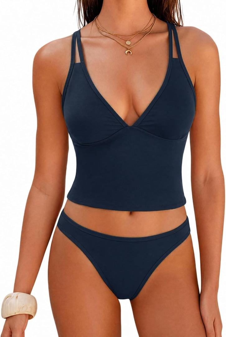 ZAFUL Tankini Swimsuits for Women V Neck Dual Straps Cropped Bikini Swimsuit High Cut 2 Pieces Bathing Suit (Blue, M)