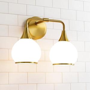 HAHZT Brushed Gold Bathroom Light Fixtures 2-Lights Vanity Lights with Milky White Frosted Glass Shade Bathroom Vanity Light 14 inch Wall Sconce Lighting Bath(Exclude E26 Bulb)