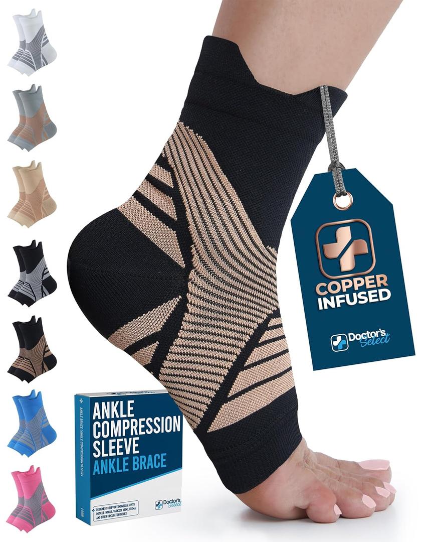 Doctor's Select Copper Ankle Sleeve - Foot and Ankle Compression Sleeve, Arch Support Socks, Compression Ankle Brace, Black with Copper