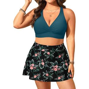 Women's Plus Size High Waisted Bikini - Two Piece Swimsuit with Skirt 2025 Tummy Control Bathing Suit with Pocket Green and Flower, Size: 16W
