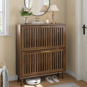 Smart FENDEE 31.5" W Shoe Cabinet Storage for Entryway with 2 Flip Drawers, Shoe Cabinet with Slatted Panel, Hidden Shoe Rack Freestanding Slim Shoes Organizer for Hallway, Entrance, Walnut