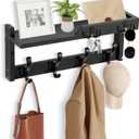 Coat Rack Wall Mount with Shelf, Coat Hanger Wall Mount with Key Hooks and Mail Holder, Wood Entryway Floating Shelf with Hooks and Storage, Hat Rack for Wall Key Holder Mail Organizer (16.6 Inch Long, Black)