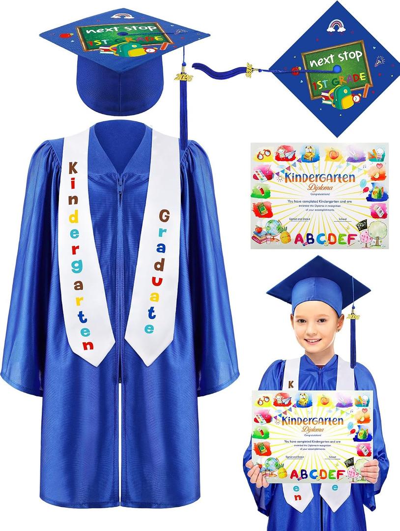5 Pcs Kindergarten Graduation Cap and Gown Stoles Certificate Kids Graduation Custom with 2026 Tassel Set for Preschool Kids (Blue)